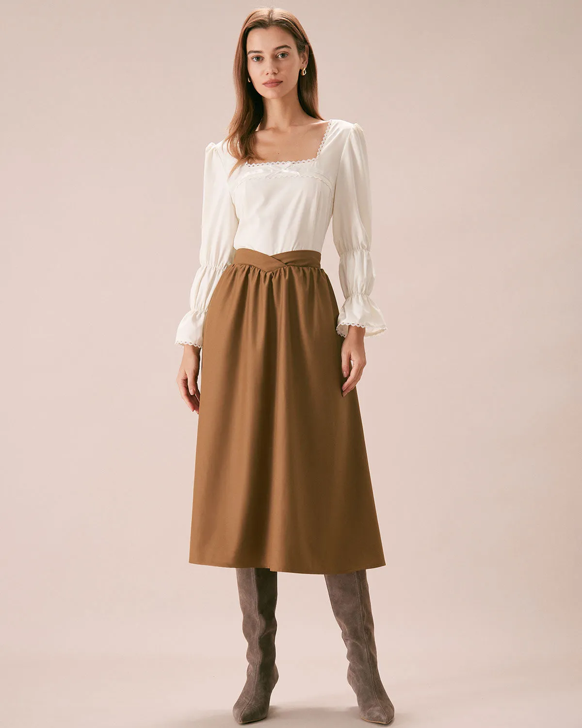 The Khaki High Waisted Pleated Midi Skirt