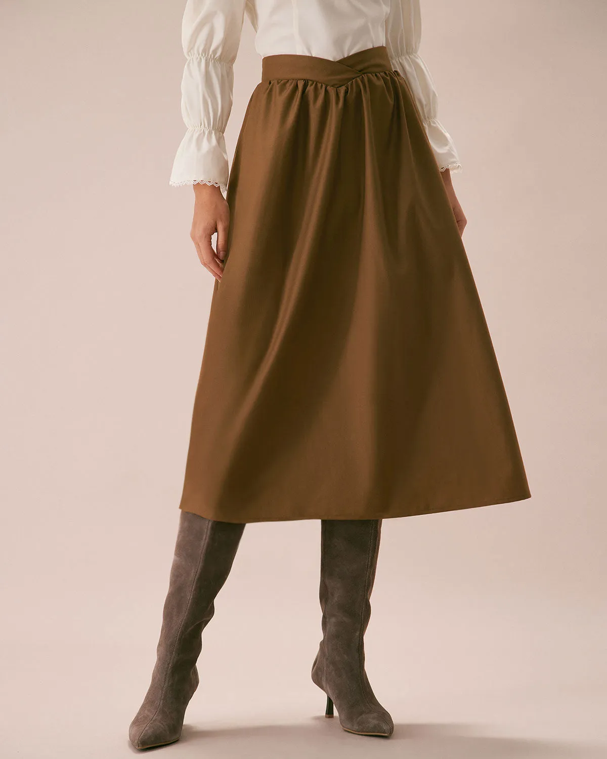 The Khaki High Waisted Pleated Midi Skirt