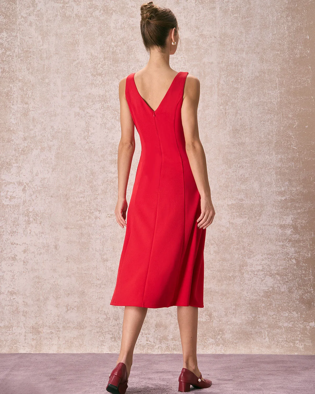 The Red V Neck Sleeveless A-Line Midi Dress