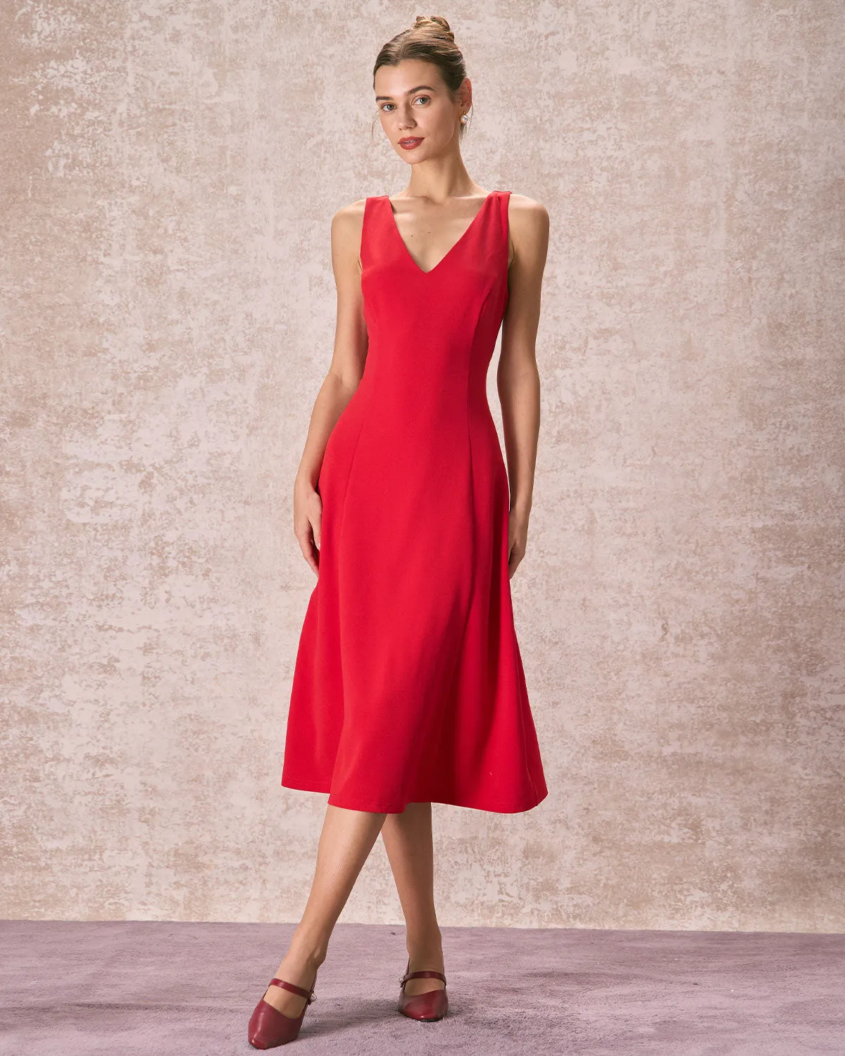 The Red V Neck Sleeveless A-Line Midi Dress