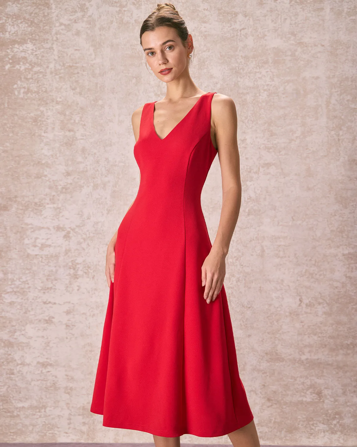 The Red V Neck Sleeveless A-Line Midi Dress