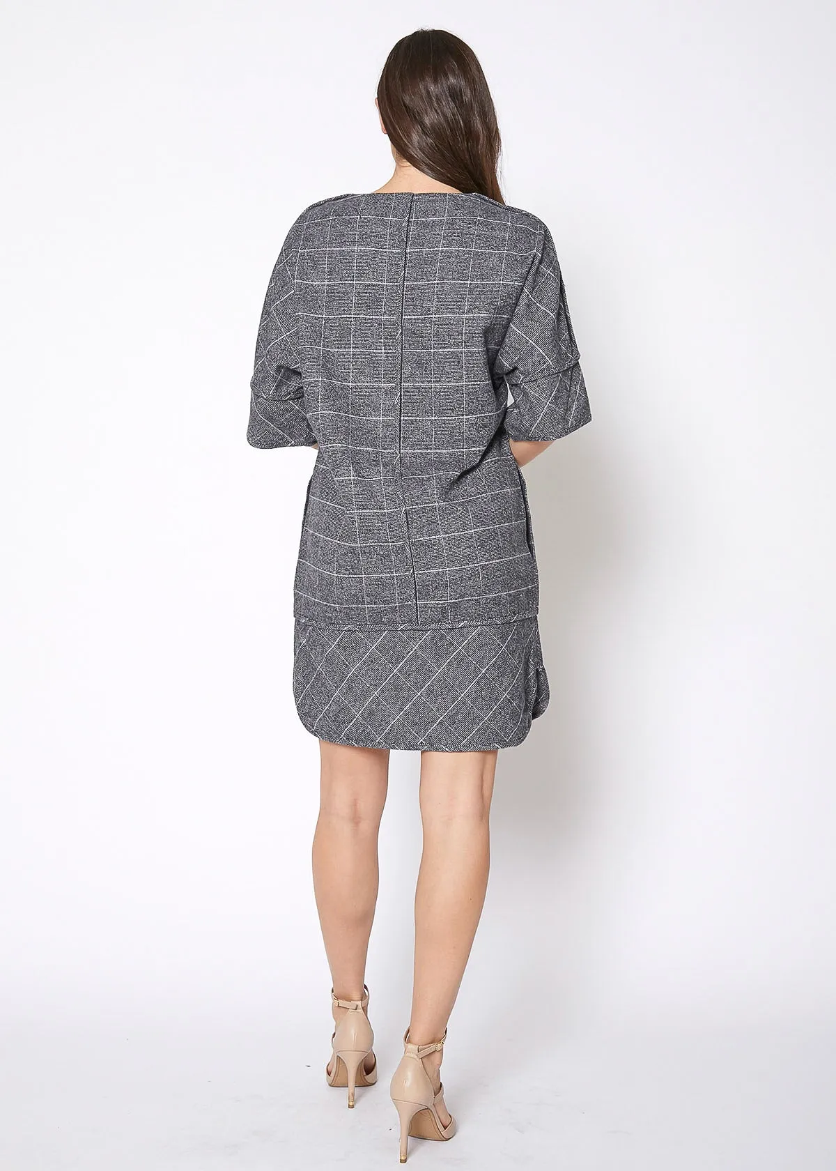 V-Neck Brushed Cotton Check Dress In Grey Plaid