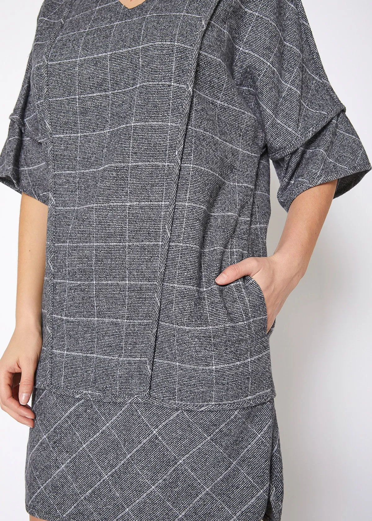 V-Neck Brushed Cotton Check Dress In Grey Plaid