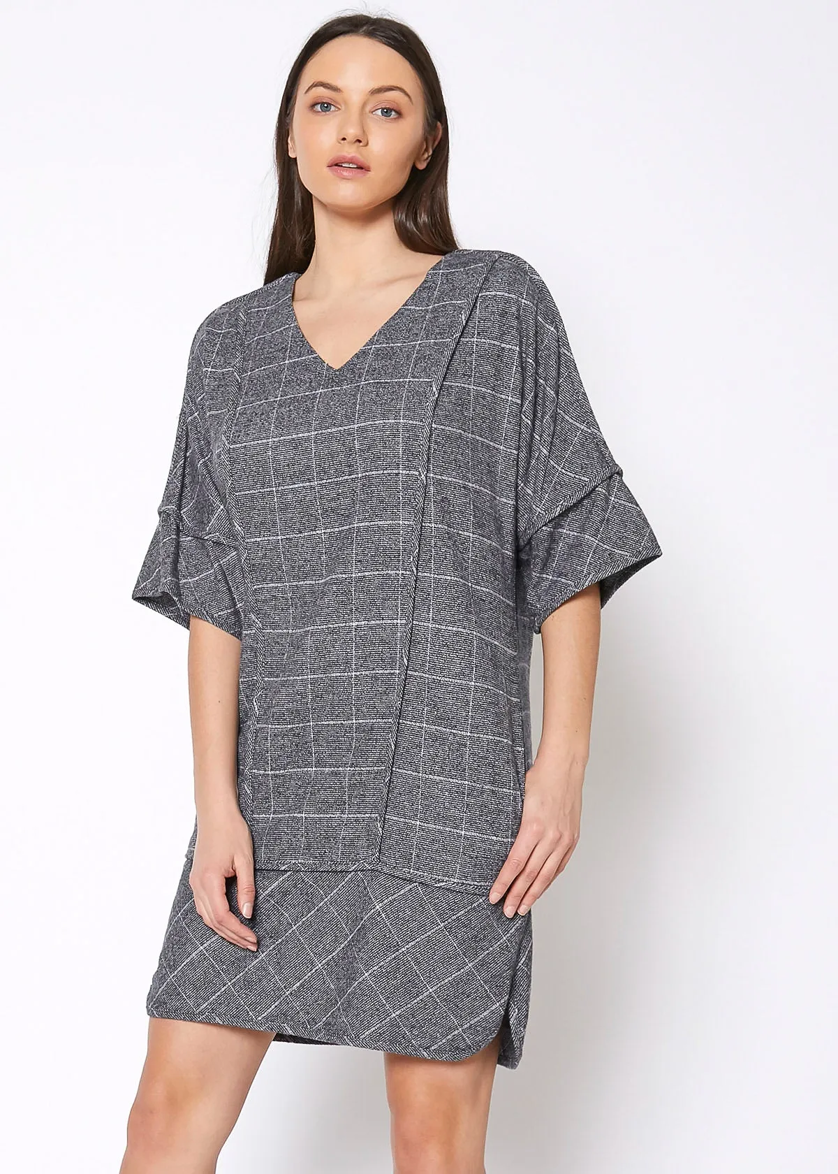 V-Neck Brushed Cotton Check Dress In Grey Plaid