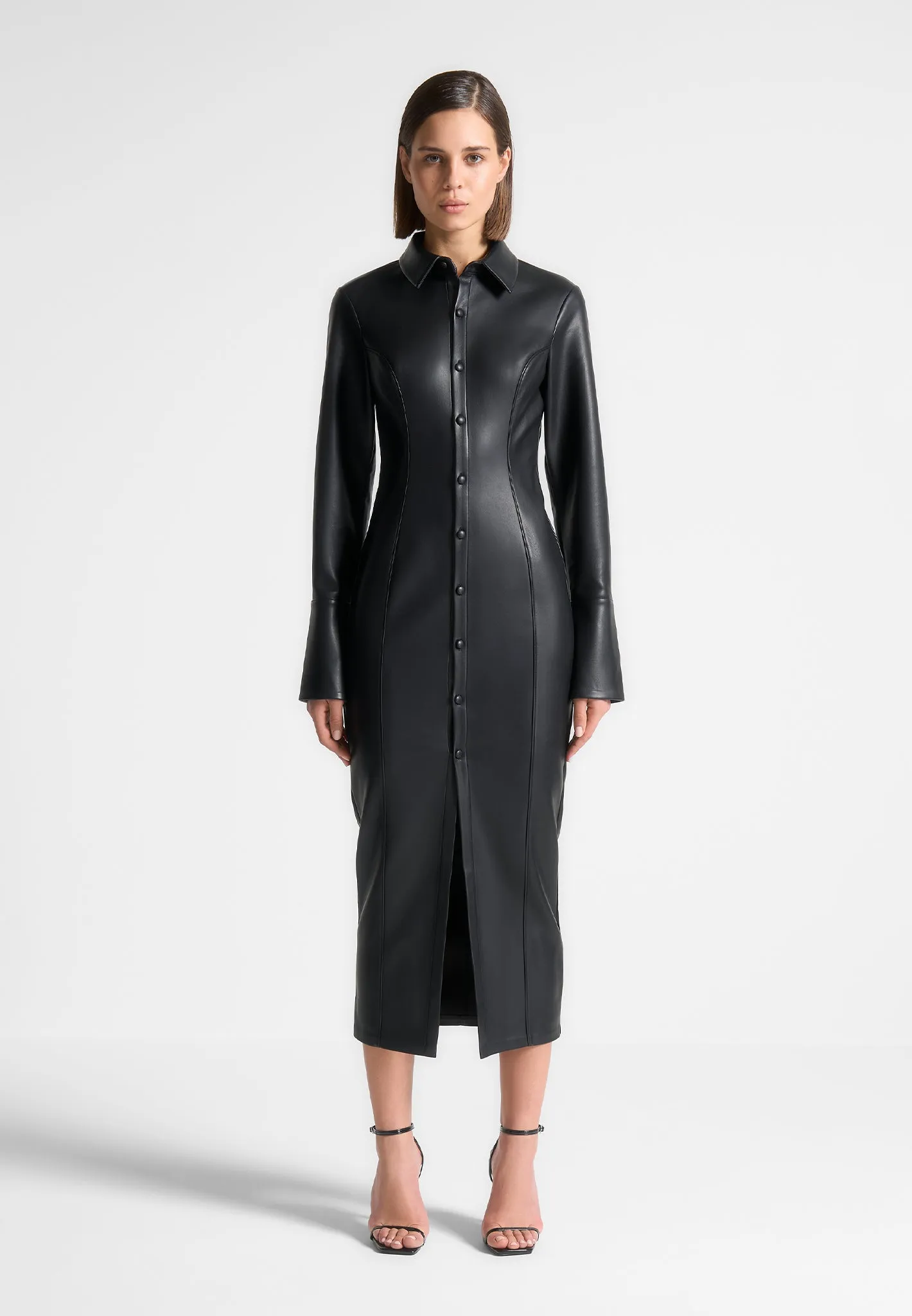 Vegan Leather Midaxi Shirt Dress - Black