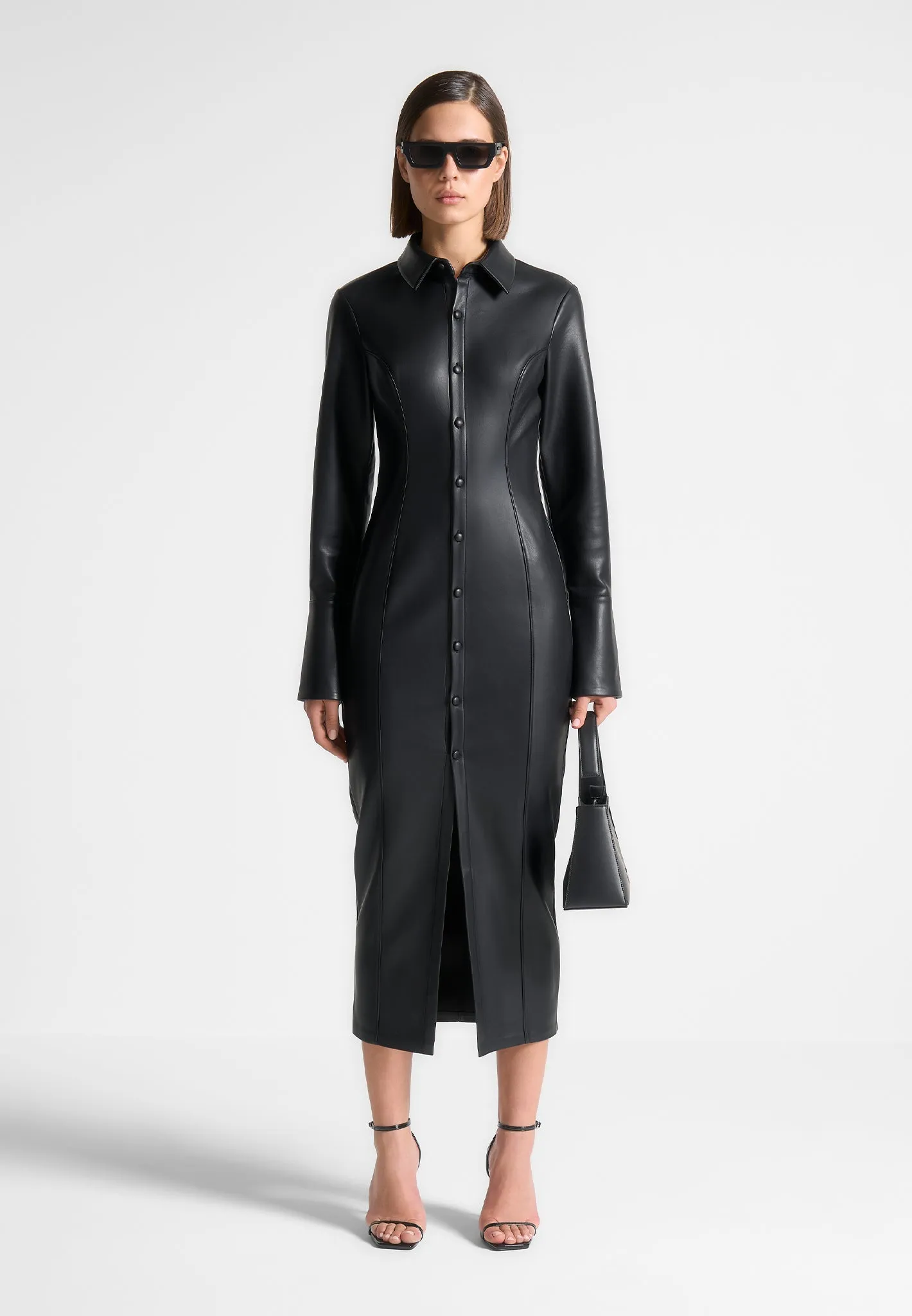 Vegan Leather Midaxi Shirt Dress - Black