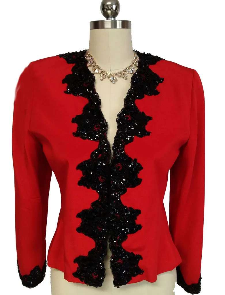 VINTAGE '80s LIAN CARLO NEIMAN MARCUS SCARLET EVENING JACKET ENCRUSTED WITH BLACK CHANTILLY LACE,  SPARKLING SEQUINS & BEADING