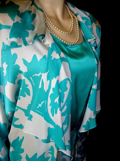 *VINTAGE LILLIE RUBIN TURQUOISE & WHITE SILK TOP & JACKET SET