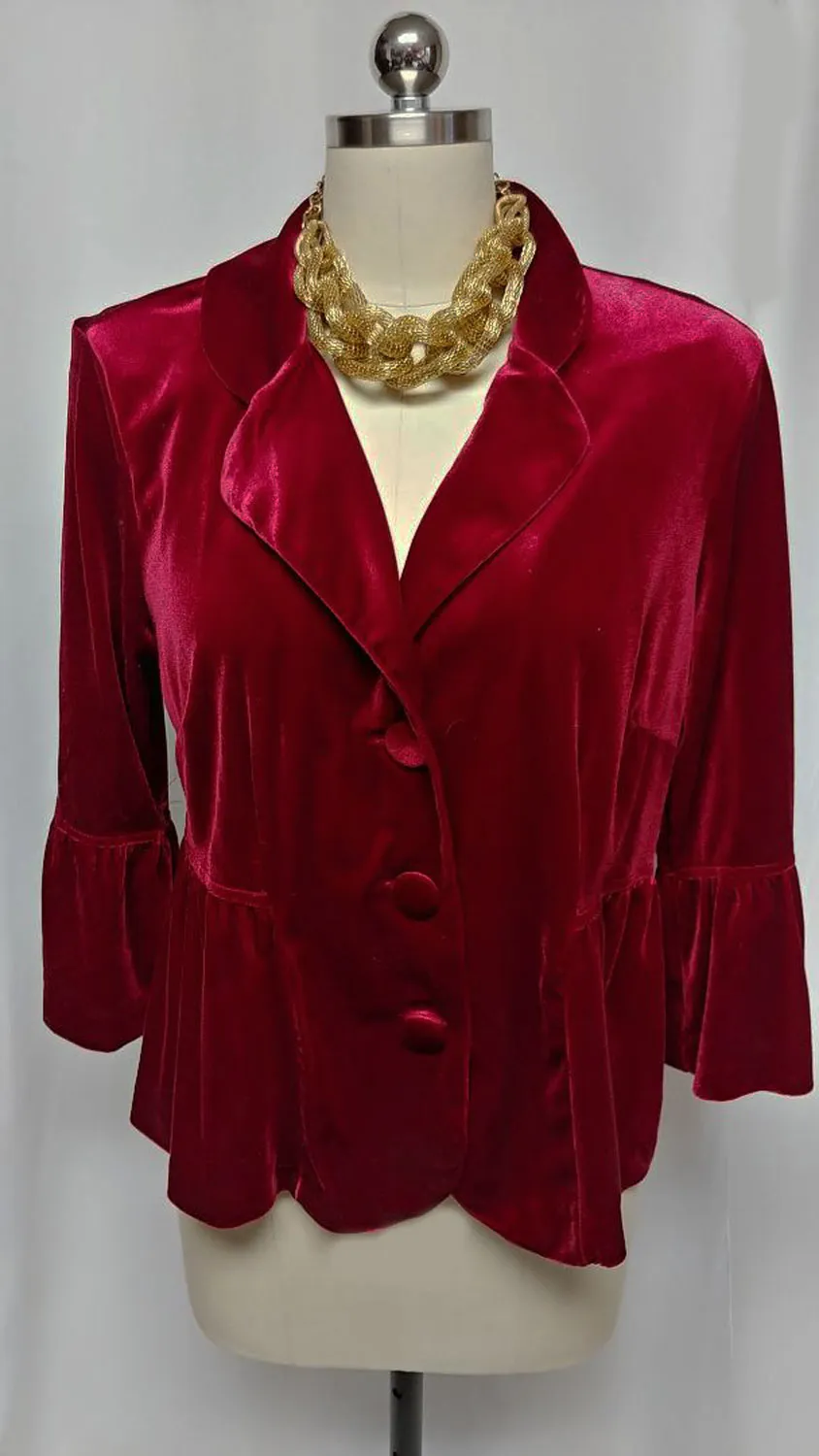 *VINTAGE VELVETY PEPLUM JACKET WITH CIRCULAR FLOUNCE SLEEVES IN RUBY - PERFECT OVER EVENING GOWNS, COCKTAIL DRESSES OR WITH JEANS