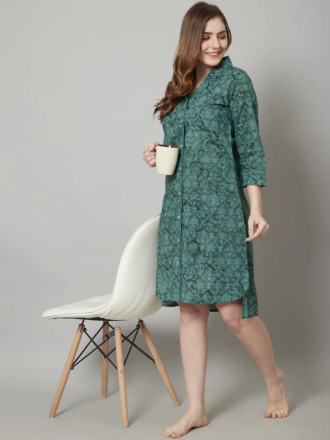 Women's Printed Knee Length Sleepshirt/ Night Shirt Dress - Green