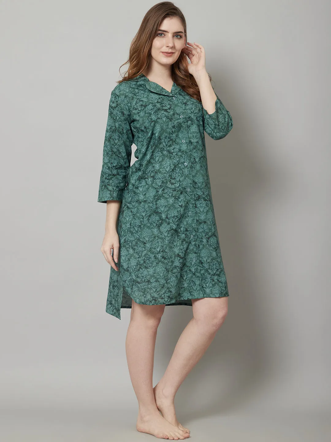 Women's Printed Knee Length Sleepshirt/ Night Shirt Dress - Green