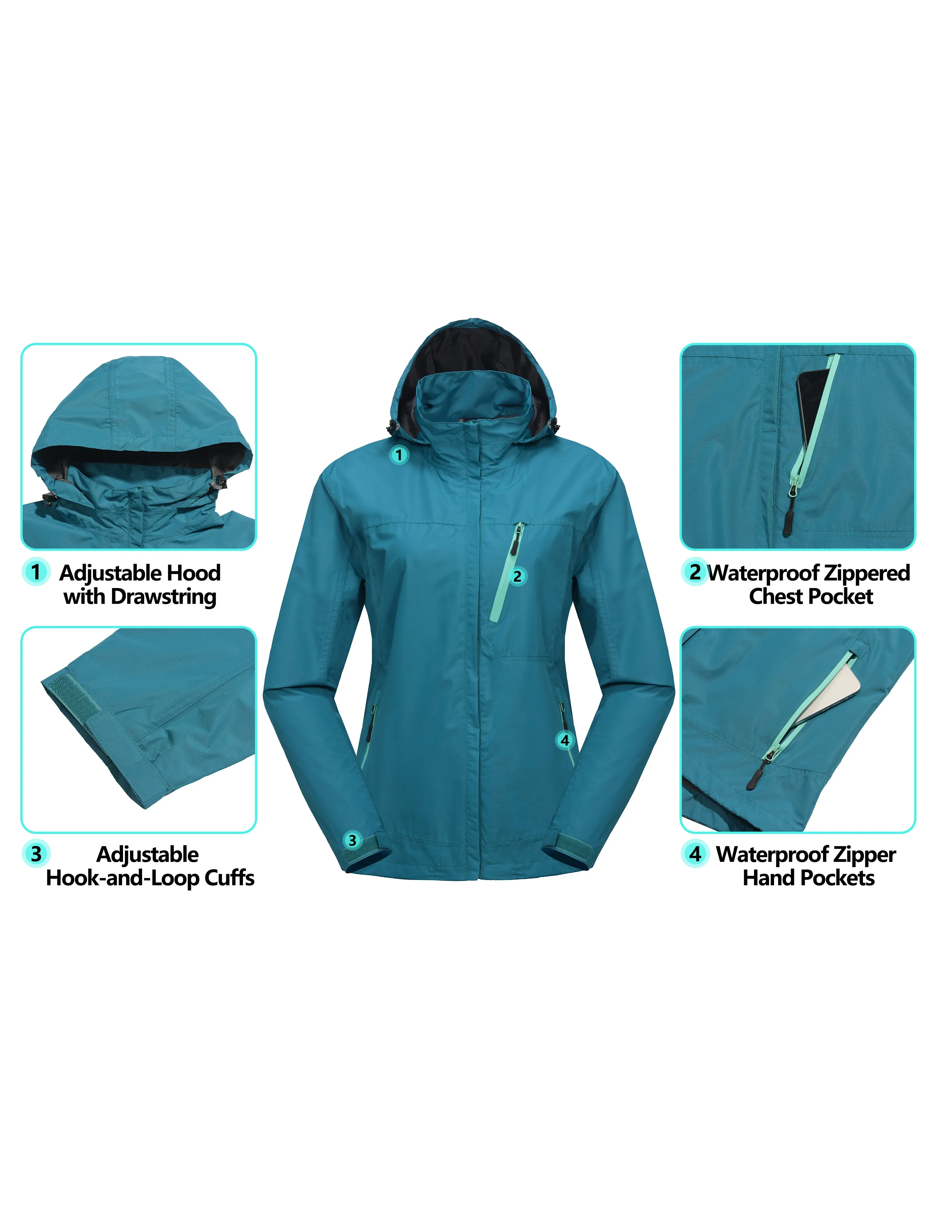 Women's Waterproof Hooded Hiking Travel Rain Shell Jacket