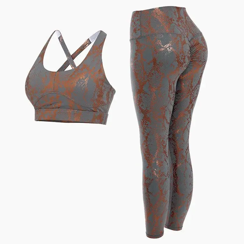 Yoga Fitness Sport Bra And Yoga Pants Set Snake Skin Gold Printing Women Active Bra Leggings Set 2 pcs Fitness Yoga Set